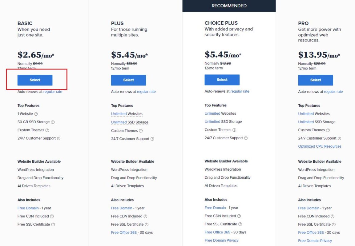 Bluehost Plans - Pricing