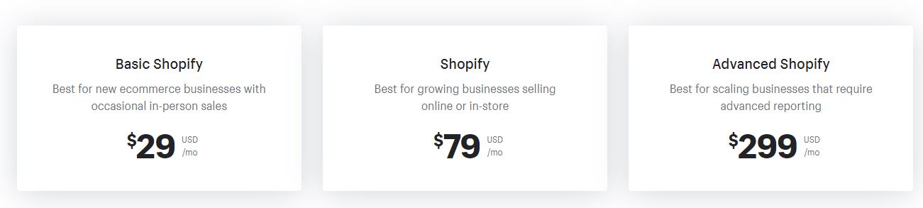 shopify pricing with 3 plans: basic, standard and advanced